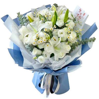 伊犁11朵白玫瑰桔梗百合，爱永恒不息