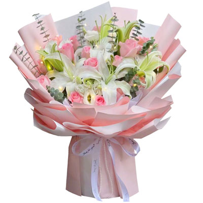 伊犁16朵粉玫瑰百合，感情稳定坚固